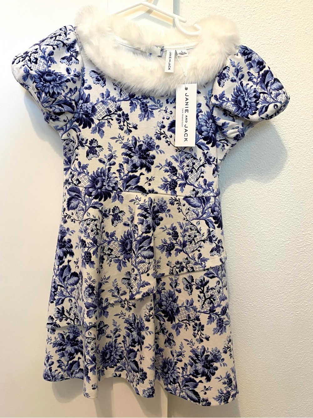 NWT Janie and Jack Girls Blue Floral Faux-Fur Collar Dress (4 T)